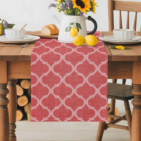 Burlap Table Runner 36 Inches Long,Medieval Red Geometric Pattern Non-Slip Kitchen Table Runners for Dining Room Everyday Use Party Table Decorations Morocco Ethnic Style