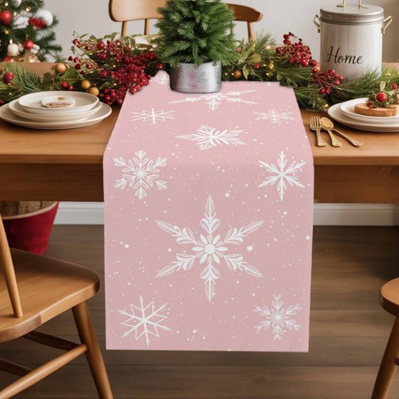 Burlap Table Runner 36 Inches Long,Merry Chrismas Winter Snowflake Non-Slip Kitchen Table Runners for Dining Room Everyday Use Party Table Decorations White Snowflakes on Pink