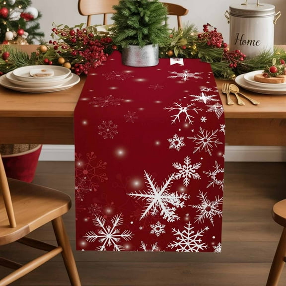 Burlap Table Runner 36 Inches Long,Merry Christmas Happy New Year Non-Slip Kitchen Table Runners for Dining Room Everyday Use Party Table Decorations Snowflakes on Red