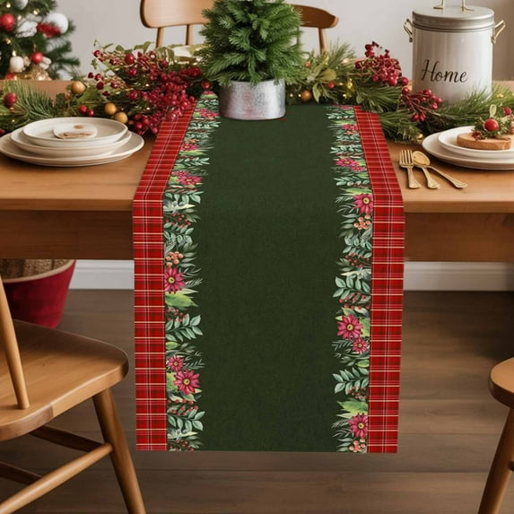 Burlap Table Runner 36 Inches Long,Merry Christmas Poinsettia Green Leaf Non-Slip Kitchen Table Runners for Dining Room Everyday Use Party Table Decorations Red Floral Berry on Plaid