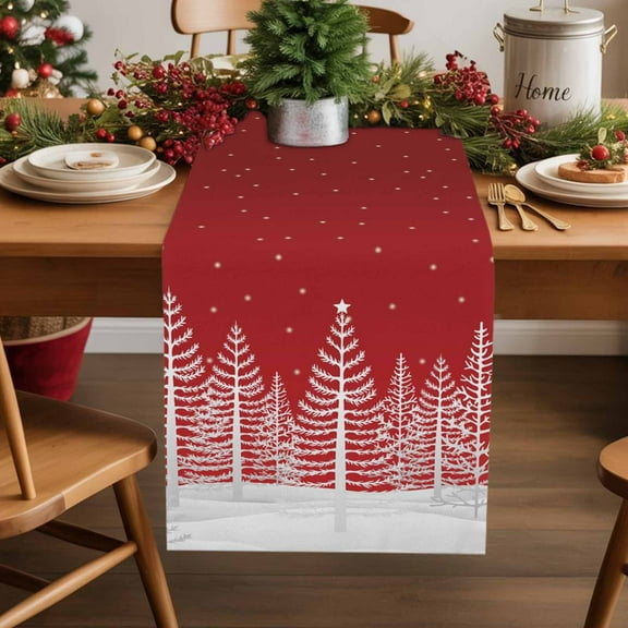 Burlap Table Runner 36 Inches Long,Merry Christmas Winter Pine Tree Non-Slip Kitchen Table Runners for Dining Room Everyday Use Party Table Decorations White Snowflake on Red