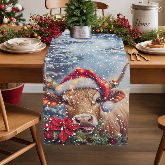 Burlap Table Runner 36 Inches Long,Merry Xmas Cow Poinsettia Santa Hats Non-Slip Kitchen Table Runners for Dining Room Everyday Use Party Table Decorations Berry Poinsettia Pine Tree