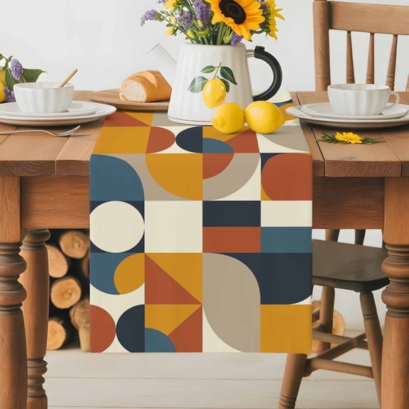 Burlap Table Runner 36 Inches Long,Mid Century Abstract Geometric Nordic Style Non-Slip Kitchen Table Runners for Dining Room Everyday Use Party Table Decorations Retro Color Block