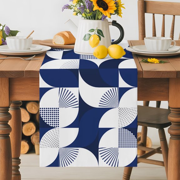 Burlap Table Runner 36 Inches Long, Mid Century Blue Abstract Geometric Non-Slip Kitchen Table Runners for Dining Room Everyday Use Party Table Decorations White Circles Color Block