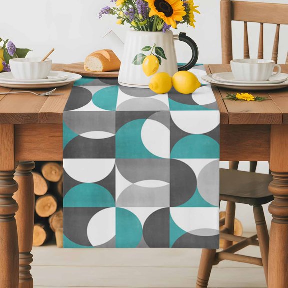 Burlap Table Runner 36 Inches Long, Mid Century Nordic Abstract Non-Slip Kitchen Table Runners for Dining Room Everyday Use Party Table Decorations Colorful Splicing Semicircle