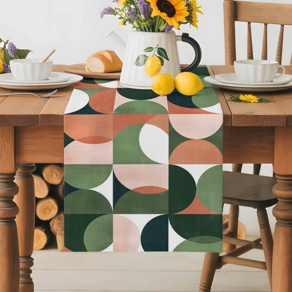 Burlap Table Runner 36 Inches Long, Mid Century Nordic Non-Slip Kitchen Table Runners for Dining Room Everyday Use Party Table Decorations Retro Semicircle Green Orange Block