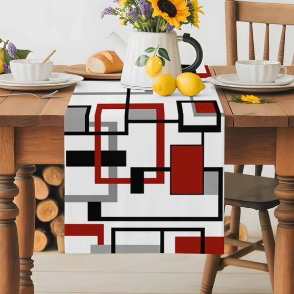 Burlap Table Runner 36 Inches Long,Middle Ages Minimalist Geometric Non-Slip Kitchen Table Runners for Dining Room Everyday Use Party Table Decorations Red Black White Grey Color Block