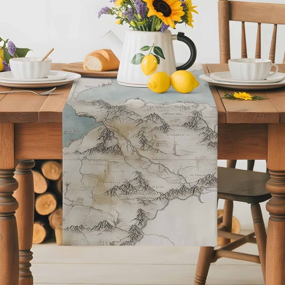 Burlap Table Runner 36 Inches Long,Middle Earth Map on Retro Non-Slip Kitchen Table Runners for Dining Room Everyday Use Party Table Decorations Abstract Mountain Blue Lake