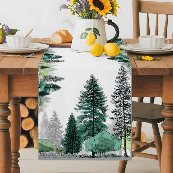 Burlap Table Runner 36 Inches Long, Minimalist Pine Tree Non-Slip Kitchen Table Runners for Dining Room Everyday Use Party Table Decorations Farmhouse Watercolor Plants
