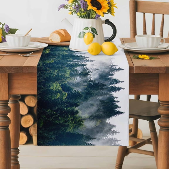 Burlap Table Runner 36 Inches Long,Misty Forest Green Tree Non-Slip Kitchen Table Runners for Dining Room Everyday Use Party Table Decorations Natural Scenery