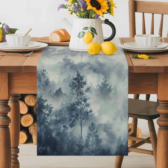 Burlap Table Runner 36 Inches Long, Misty Woodland Trees Non-Slip Kitchen Table Runners for Dining Room Everyday Use Party Table Decorations Vintage Background