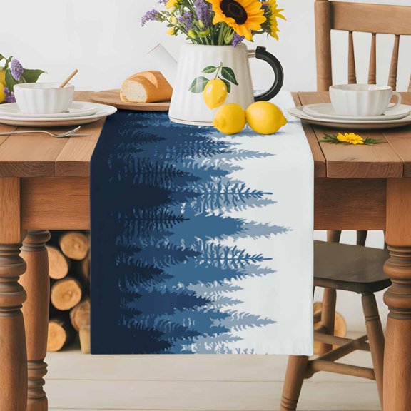 Burlap Table Runner 36 Inches Long, Modern Art Forest Trees Shadow Non-Slip Kitchen Table Runners for Dining Room Everyday Use Party Table Decorations Gradient Black Blue on White