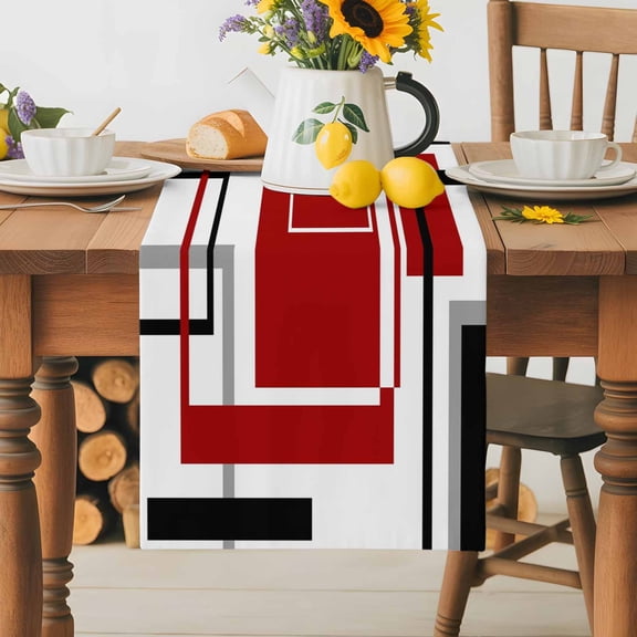 Burlap Table Runner 36 Inches Long,Modern Burgundy Red Black White Art Non-Slip Kitchen Table Runners for Dining Room Everyday Use Party Table Decorations Abstract Geometric