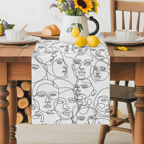 Burlap Table Runner 36 Inches Long,Modern Character Face Abstract Line Arts Non-Slip Kitchen Table Runners for Dining Room Everyday Use Party Table Decorations White