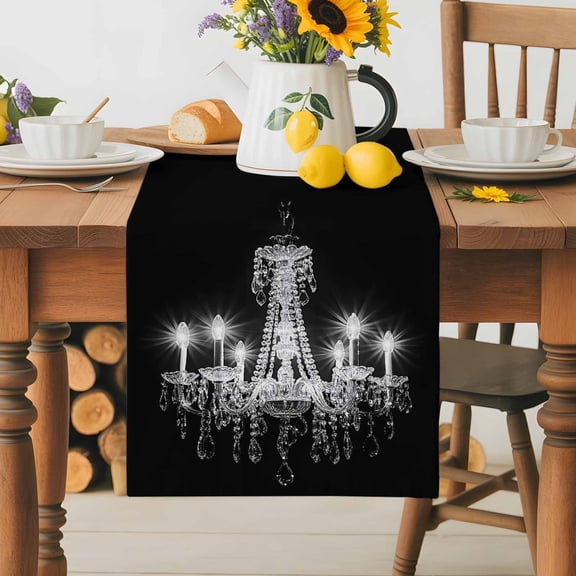 Burlap Table Runner 36 Inches Long,Modern Crystal Lighting on Black Non-Slip Kitchen Table Runners for Dining Room Everyday Use Party Table Decorations Chandelier Candle