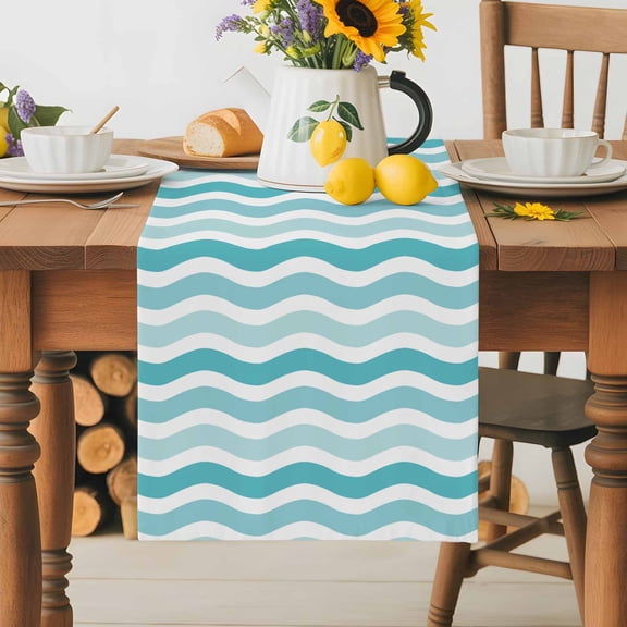 Burlap Table Runner 36 Inches Long, Modern Cyan Gradient Water Ripper Non-Slip Kitchen Table Runners for Dining Room Everyday Use Party Table Decorations Ombre Ocean Stripe