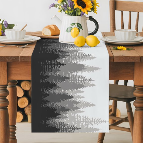 Burlap Table Runner 36 Inches Long, Modern Forest Trees Shadow Scene Non-Slip Kitchen Table Runners for Dining Room Everyday Use Party Table Decorations Gradient Black Grey White