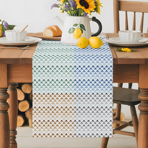 Burlap Table Runner 36 Inches Long, Modern Geometric Square Lattice Non-Slip Kitchen Table Runners for Dining Room Everyday Use Party Table Decorations Color Gradient Texture Art