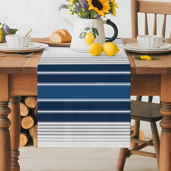 Burlap Table Runner 36 Inches Long, Modern Gradient Blue Gray Stripes Non-Slip Kitchen Table Runners for Dining Room Everyday Use Party Table Decorations Ombre Abstract Minimalist