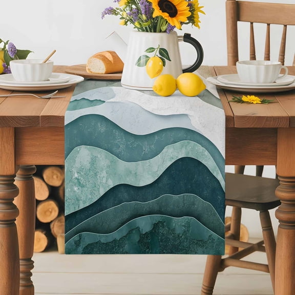 Burlap Table Runner 36 Inches Long,Modern Gradient Teal Khaki Stripe Non-Slip Kitchen Table Runners for Dining Room Everyday Use Party Table Decorations Abstract Beach Sea Wave