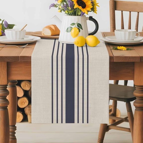 Burlap Table Runner 36 Inches Long, Modern Navy Blue White Stripe Non-Slip Kitchen Table Runners for Dining Room Everyday Use Party Table Decorations Retro Linen Texture