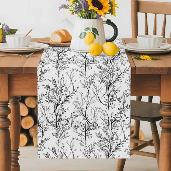 Burlap Table Runner 36 Inches Long, Modern Tree Plant Black White Non-Slip Kitchen Table Runners for Dining Room Everyday Use Party Table Decorations Abstract Trees Branch Texture