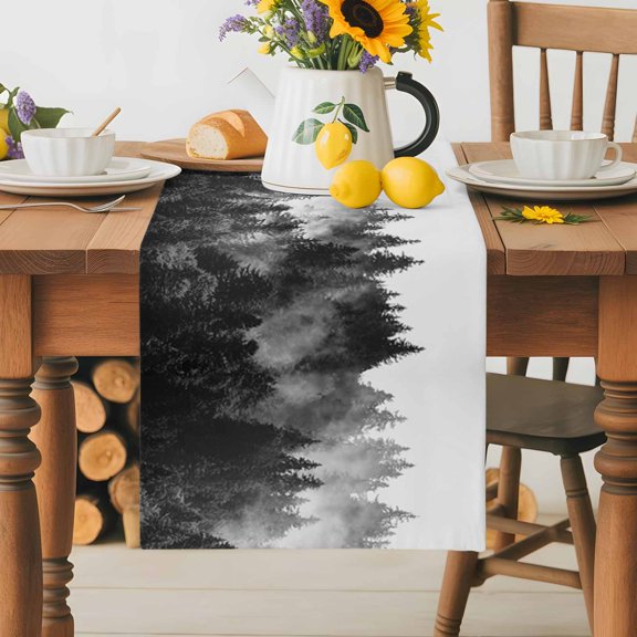 Burlap Table Runner 36 Inches Long, Monochrome Misty Natural Forest Non-Slip Kitchen Table Runners for Dining Room Everyday Use Party Table Decorations Foggy Tree Woodland Scenery