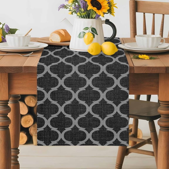 Burlap Table Runner 36 Inches Long, Moroccan Black Geometric Lattice Non-Slip Kitchen Table Runners for Dining Room Everyday Use Party Table Decorations Vintage Medieval Pattern