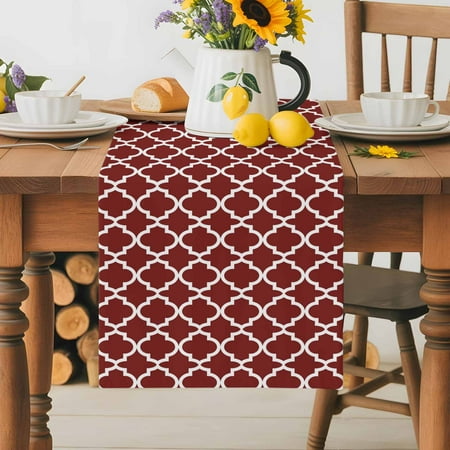 Burlap Table Runner 36 Inches Long,Morocco Ethnic Pattern Non-Slip Kitchen Table Runners for Dining Room Everyday Use Party Table Decorations Modern Geometric on Burgundy Red