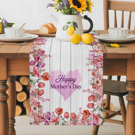 Burlap Table Runner 36 Inches Long, Mother's Day Colorful Flower Non-Slip Kitchen Table Runners for Dining Room Everyday Use Party Table Decorations Blossom Floral Wood Board