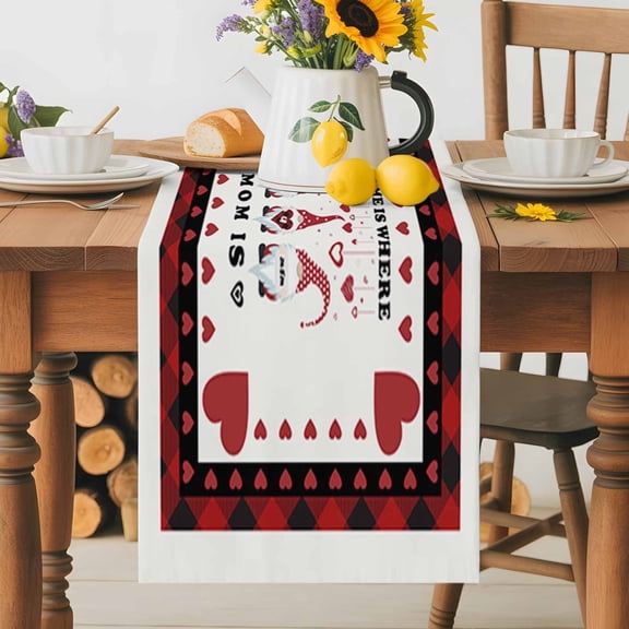 Burlap Table Runner 36 Inches Long, Mother's Day Gnomes with Love Quotes Non-Slip Kitchen Table Runners for Dining Room Everyday Use Party Table Decorations Red Black Buffalo Plaid