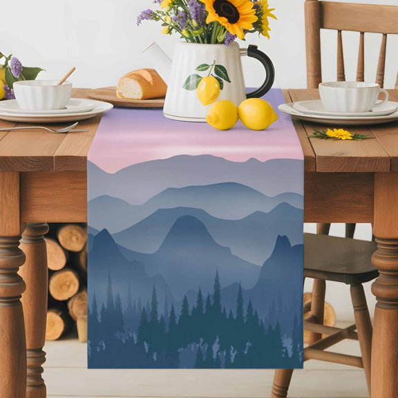 Burlap Table Runner 36 Inches Long, Mountain Tree Forest Art Silhouette Non-Slip Kitchen Table Runners for Dining Room Everyday Use Party Table Decorations Natural Scenery on Purple Sky