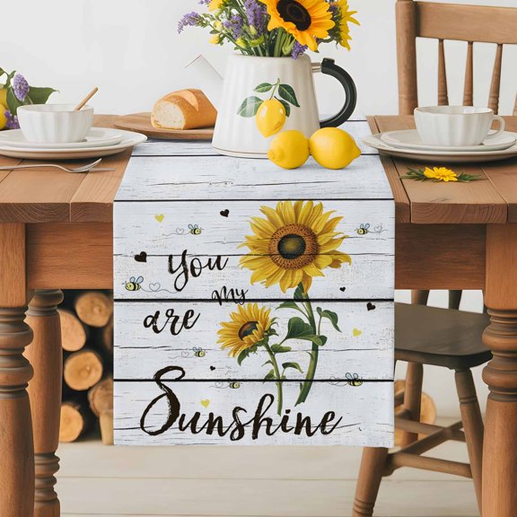 Burlap Table Runner 36 Inches Long,My Sunshine Sunflower Quotes Non-Slip Kitchen Table Runners for Dining Room Everyday Use Party Table Decorations Farm Gray Wood Board