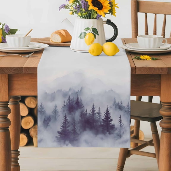 Burlap Table Runner 36 Inches Long,Natural Misty Mountain Tree Forest Non-Slip Kitchen Table Runners for Dining Room Everyday Use Party Table Decorations Wild Hill Foggy Scenery