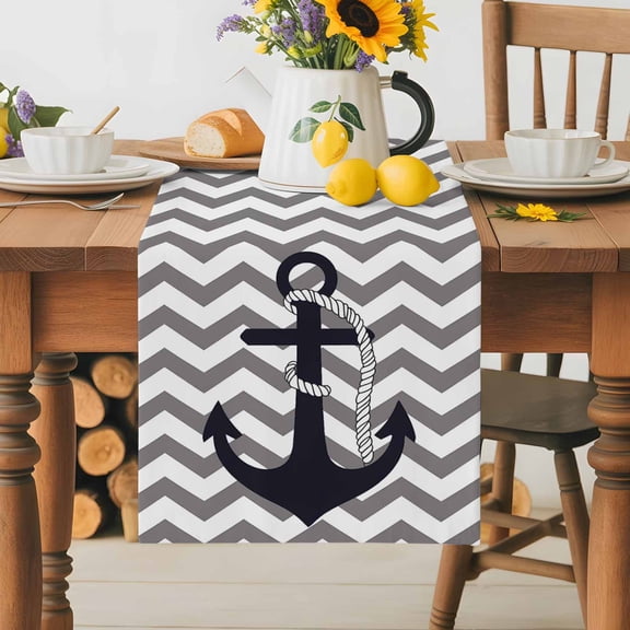 Burlap Table Runner 36 Inches Long,Nautical Anchor Dark Blue Non-Slip Kitchen Table Runners for Dining Room Everyday Use Party Table Decorations Grey Zigzag Chevron