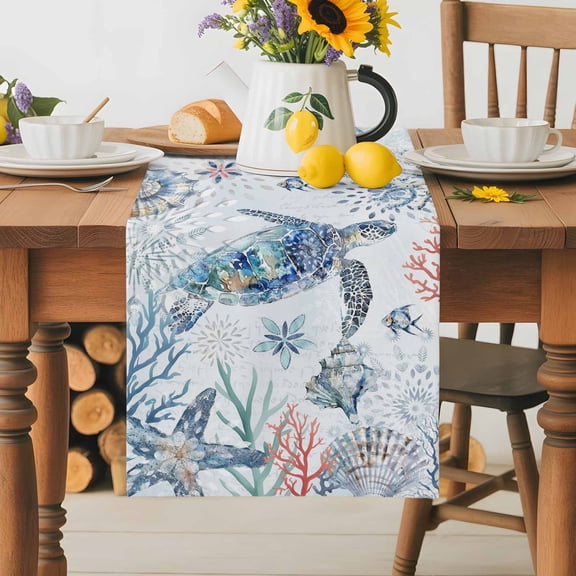 Burlap Table Runner 36 Inches Long, Nautical Sea Turtle Abstract Coral Non-Slip Kitchen Table Runners for Dining Room Everyday Use Party Table Decorations Summer Ocean Shell Conch