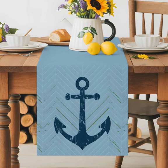 Burlap Table Runner 36 Inches Long, Navy Blue Anchor Nautical Non-Slip Kitchen Table Runners for Dining Room Everyday Use Party Table Decorations Zigzag Ripple