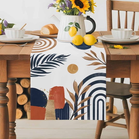Burlap Table Runner 36 Inches Long,Nordic Abstract Leaves Arch Sun Non-Slip Kitchen Table Runners for Dining Room Everyday Use Party Table Decorations Terracotta Aesthetic Color Block