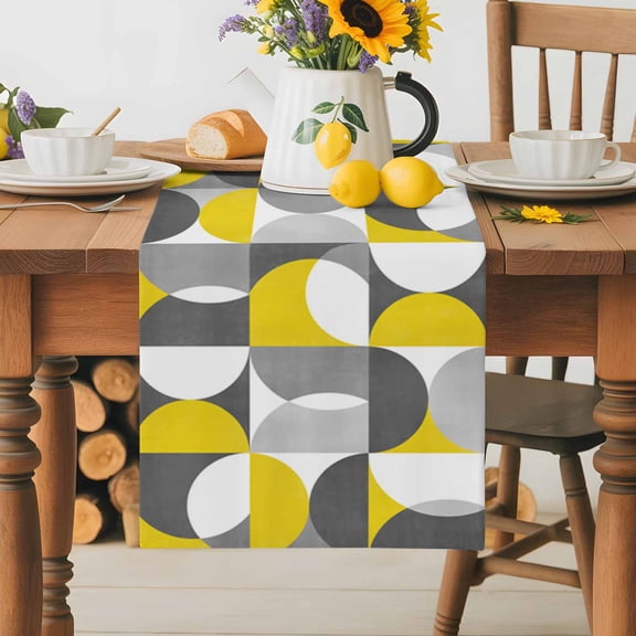 Burlap Table Runner 36 Inches Long,Nordic Medieval Splicing Half Circle Non-Slip Kitchen Table Runners for Dining Room Everyday Use Party Table Decorations Yellow Grey Abstract