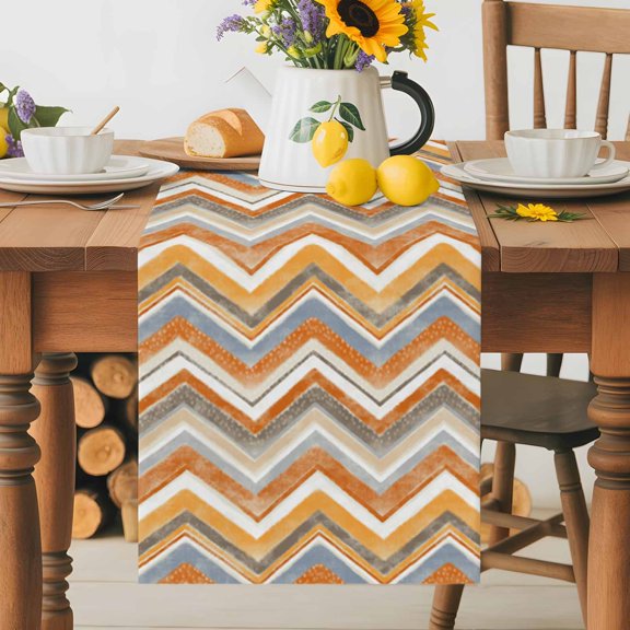 Burlap Table Runner 36 Inches Long, Northern Europe Orange Zigzag Pattern Non-Slip Kitchen Table Runners for Dining Room Everyday Use Party Table Decorations Retro Abstract Geometric Art