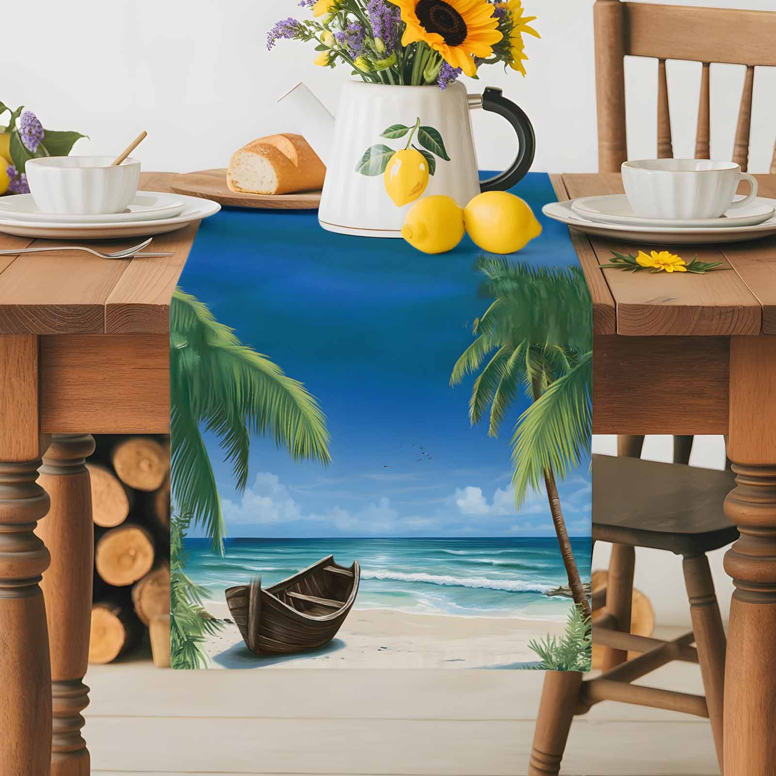Burlap Table Runner 36 Inches Long, Ocean Beach Boat Coconut Tree Non ...