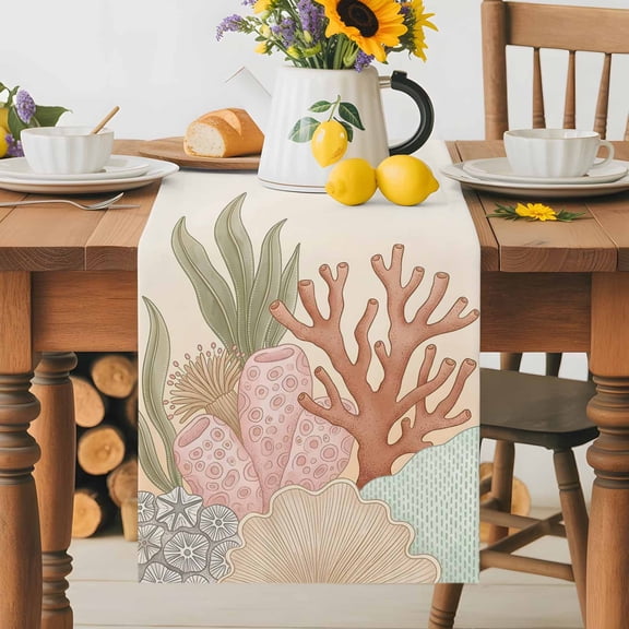 Burlap Table Runner 36 Inches Long, Ocean Coral Seaweed Shell Reef Non-Slip Kitchen Table Runners for Dining Room Everyday Use Party Table Decorations Watercolor Marine Theme