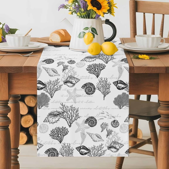 Burlap Table Runner 36 Inches Long, Ocean Grey Shell Coral Starfish Non-Slip Kitchen Table Runners for Dining Room Everyday Use Party Table Decorations Abstract Marine Life