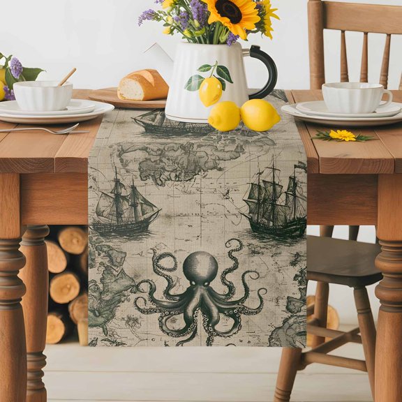 Burlap Table Runner 36 Inches Long, Ocean Octopus Vintage Maps Non-Slip Kitchen Table Runners for Dining Room Everyday Use Party Table Decorations Nautical Ship