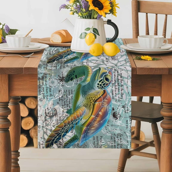 Burlap Table Runner 36 Inches Long,Ocean Sea Turtle Nautical Map Non-Slip Kitchen Table Runners for Dining Room Everyday Use Party Table Decorations Underwater Marine Life