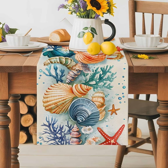 Burlap Table Runner 36 Inches Long,Ocean Starfish Shell Conch Non-Slip Kitchen Table Runners for Dining Room Everyday Use Party Table Decorations Sea Coral Underwater World