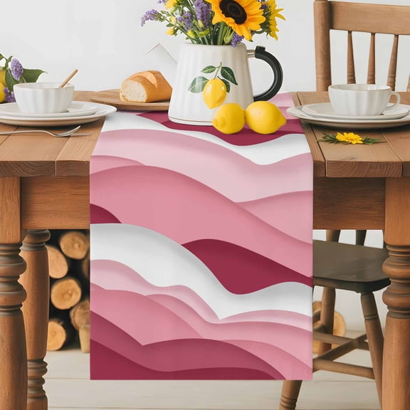Burlap Table Runner 36 Inches Long, Ocean Wave Lines Pink White Non-Slip Kitchen Table Runners for Dining Room Everyday Use Party Table Decorations Gradient Abstract Artwork