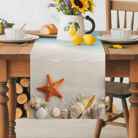 Burlap Table Runner 36 Inches Long,Oceans Beach Sea Shell Starfish Non-Slip Kitchen Table Runners for Dining Room Everyday Use Party Table Decorations Summer Marine Theme