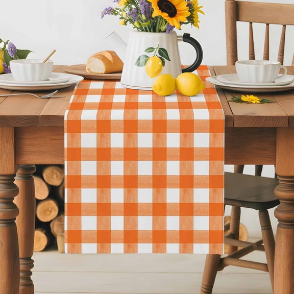 Burlap Table Runner 36 Inches Long,Orange Buffalo Plaid Non-Slip Kitchen Table Runners for Dining Room Everyday Use Party Table Decorations Classic Gingham Check Watercolor