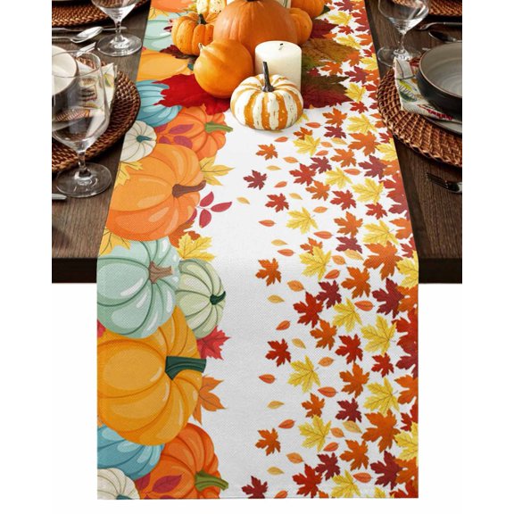 Burlap Table Runner 36 Inches Long,Orange Maple Leaf Fall Thanksgiving Pumpkin Non-Slip Kitchen Table Runners for Dining Room Everyday Use Party Table Decorations Watercolor Fallen Leaves